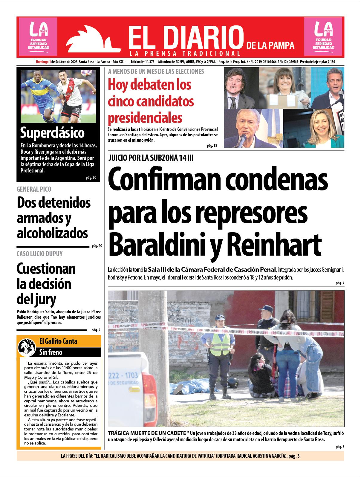 Tapa de El Diario en papel  domingo 01 de octubre de 2023
